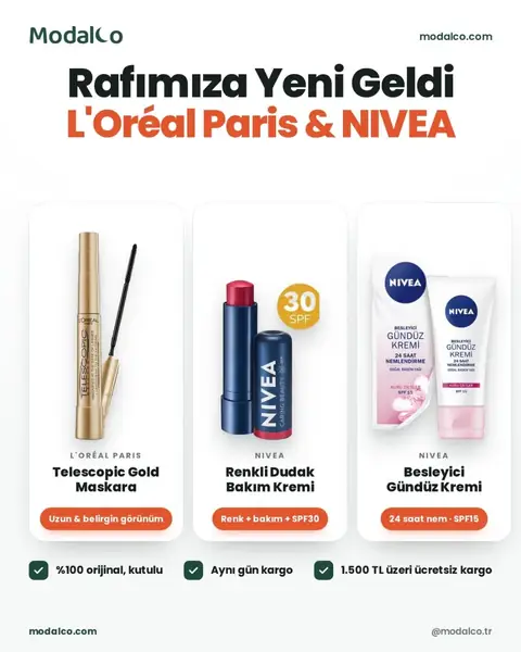 Modalco sosyal medya gönderisi: L’Oréal ve Nivea ürünleri için yeni geldi duyurusu