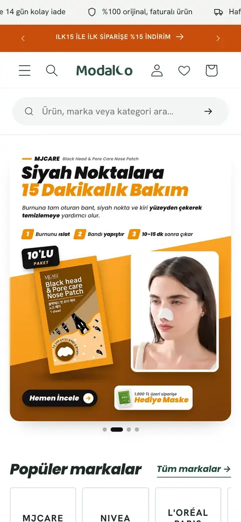 Modalco mobil ana sayfa: telefonda açılmış mağaza vitrini ve kampanya görseli