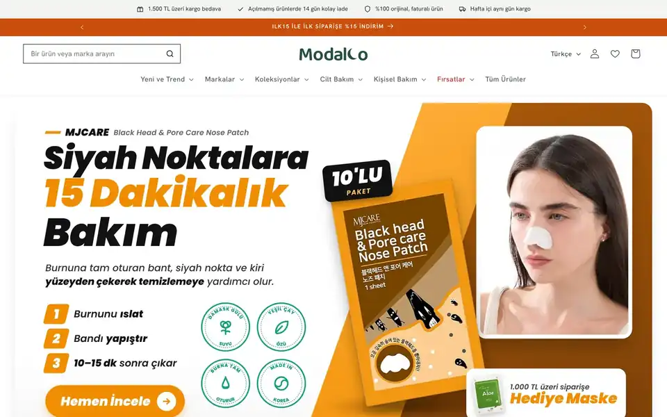 Modalco web sitesi ana sayfası: premium cilt bakımı markalarını öne çıkaran kampanya alanı ve menü